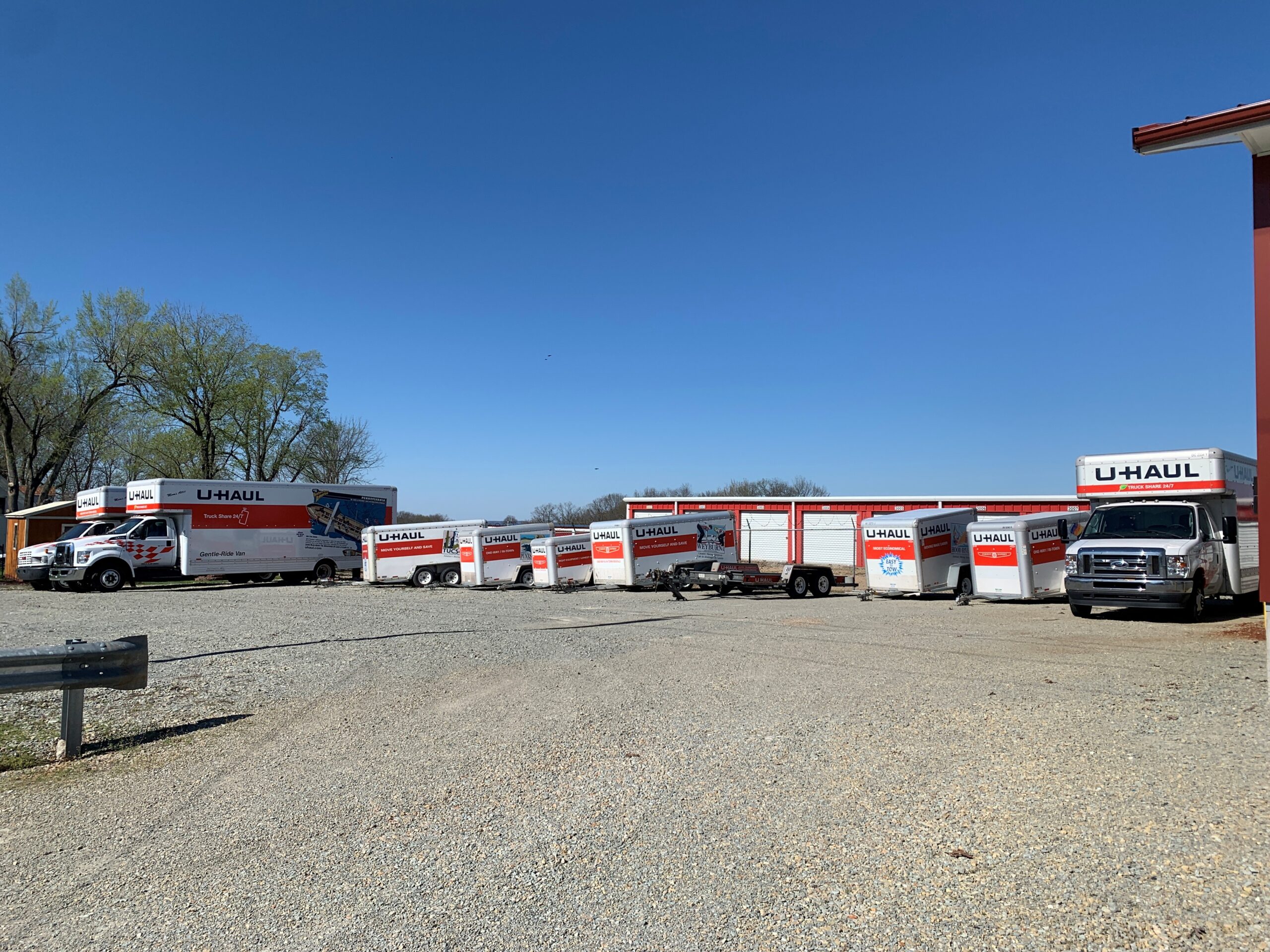 U-Haul trucks and trailers lined up